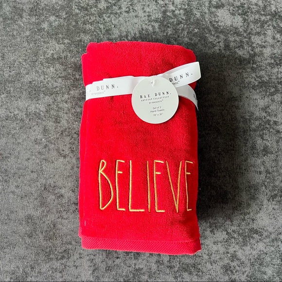 NWT Rae Dunn Red ‘Believe’ Hand Towels